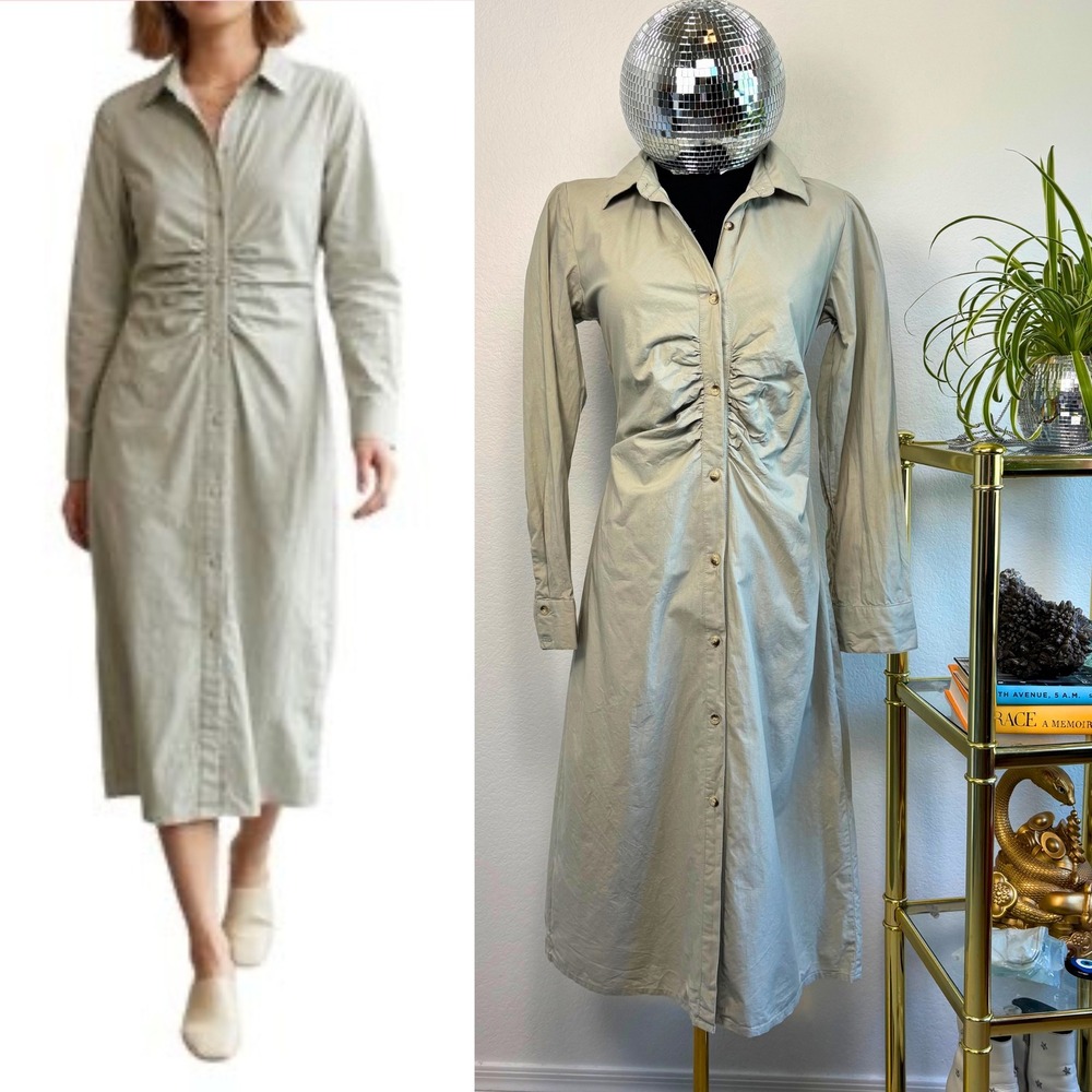 Sim & Sam Sage Green Ruched Front Shirt Dress, Medium Smocked Back | Office work